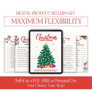 May include: A digital product bundle featuring Christmas party games. The image shows a tablet displaying a Christmas tree graphic, surrounded by printed game sheets. Text includes "Christmas Party Games" and "Maximum Flexibility".