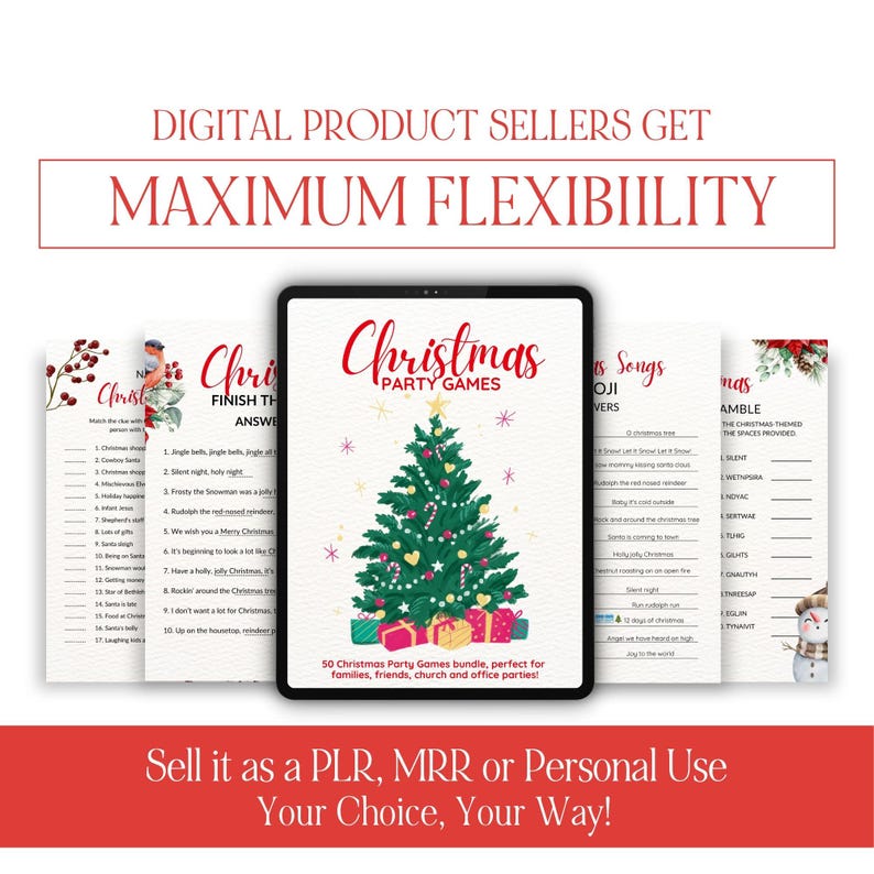May include: A digital product bundle featuring Christmas party games. The image shows a tablet displaying a Christmas tree graphic, surrounded by printed game sheets. Text includes "Christmas Party Games" and "Maximum Flexibility".