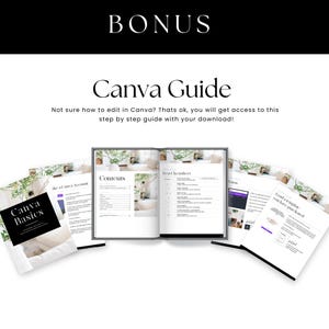 May include: A white background with the word "BONUS" at the top. Below, the text "Canva Guide" is displayed. Several open books and pages are visible, with the text "Canva Basics" on one cover. The text "Not sure how to edit in Canva? Thats ok, you will get access to this step by step guide with your download!" is also visible.