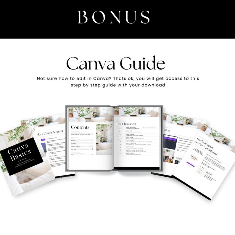 May include: A white background with the word "BONUS" at the top. Below, the text "Canva Guide" is displayed. Several open books and pages are visible, with the text "Canva Basics" on one cover. The text "Not sure how to edit in Canva? Thats ok, you will get access to this step by step guide with your download!" is also visible.