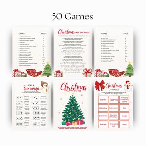 May include: A collection of Christmas-themed party games. The image features several game cards with titles like "Christmas Pass the Prize" and "Christmas Charades." Festive illustrations include a Christmas tree, sleigh, and gift boxes. The text "50 Games" is at the top.