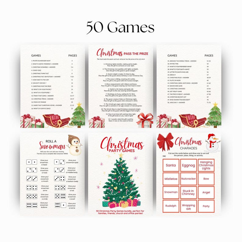 May include: A collection of Christmas-themed party games. The image features several game cards with titles like "Christmas Pass the Prize" and "Christmas Charades." Festive illustrations include a Christmas tree, sleigh, and gift boxes. The text "50 Games" is at the top.