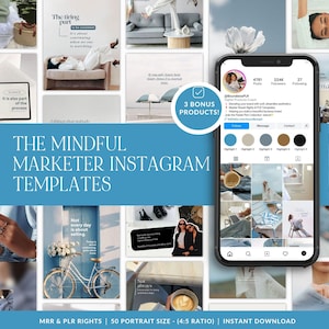 May include: A promotional image for Instagram templates. The image features a smartphone displaying an Instagram profile, surrounded by lifestyle photos and text overlays. The text includes "The Mindful Marketer Instagram Templates" and "3 Bonus Products!"