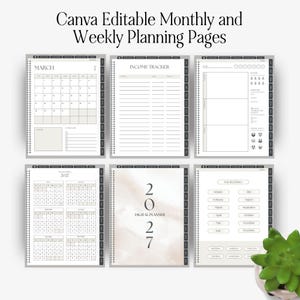 May include: A set of six digital planning pages titled Canva Editable Monthly and Weekly Planning Pages. The pages include a March calendar, an income tracker, a weekly schedule, a 2027 year-at-a-glance calendar, and a 2027 digital planner cover.