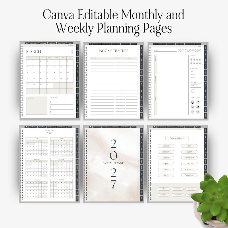 May include: A set of six digital planning pages titled Canva Editable Monthly and Weekly Planning Pages. The pages include a March calendar, an income tracker, a weekly schedule, a 2027 year-at-a-glance calendar, and a 2027 digital planner cover.