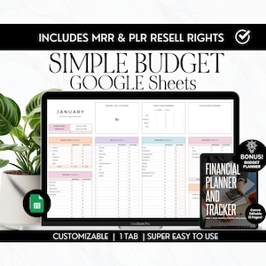 Puede incluir: Una MacBook Pro muestra una plantilla de presupuesto de Google Sheets con el texto "SIMPLE BUDGET GOOGLE Sheets". La imagen incluye un planificador financiero y un rastreador de bonificación. El texto de la imagen dice "CUSTOMIZABLE | 1 TAB | SUPER EASY TO USE."