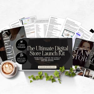 Könnte beinhalten: Ein digitales Produktpaket zum Starten eines Etsy-Shops. Das Paket beinhaltet einen Laptop mit dem Text "The Ultimate Digital Store Launch Kit", einen Leitfaden zum Einrichten eines Etsy-Shops und einen Leitfaden zum Einrichten eines Shopify-Shops.