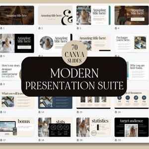 Puede incluir: Un conjunto de 70 diapositivas de presentación modernas para Canva. Las diapositivas presentan un esquema de color beige y azul con un diseño minimalista. Las diapositivas son perfectas para presentaciones de negocios, materiales de marketing y más.
