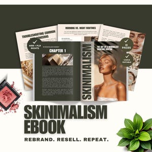Puede incluir: Un ebook titulado "Skinimalism" con el lema "Rebrand. Resell. Repeat." La portada presenta a una mujer con piel radiante y el texto "The Art of a Minimalist Skincare Routine". Páginas adicionales discuten rutinas de cuidado de la piel.