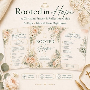 Puede incluir: Una guía de oración y reflexión cristiana titulada Rooted in Hope, que consta de 54 páginas con ilustraciones florales en tonos melocotón y verde suave. Las páginas incluyen secciones para escrituras, reflexión, oración y declaraciones de fe.
