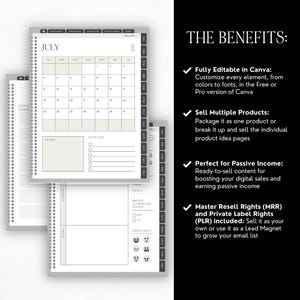 May include: A digital planner template with spiral binding, featuring a July 2027 monthly calendar, notes section, and to-do list. The text on the right side lists benefits including fully editable Canva files, multiple product options, and resale rights.