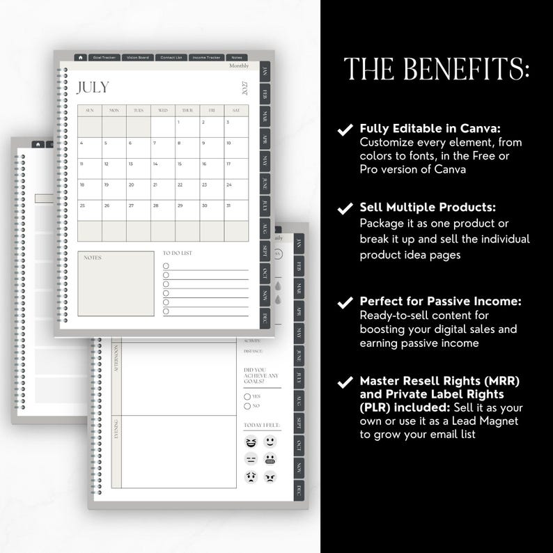 May include: A digital planner template with spiral binding, featuring a July 2027 monthly calendar, notes section, and to-do list. The text on the right side lists benefits including fully editable Canva files, multiple product options, and resale rights.