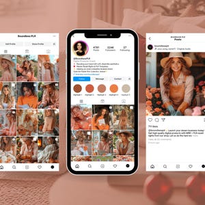 May include: Three smartphone screens displaying an Instagram profile with the name "Boundless PLR". The profile features photos of a woman in various outfits, with text that reads "Digital Products Coach". The profile has 4781 posts, 224K followers, and 27 following.