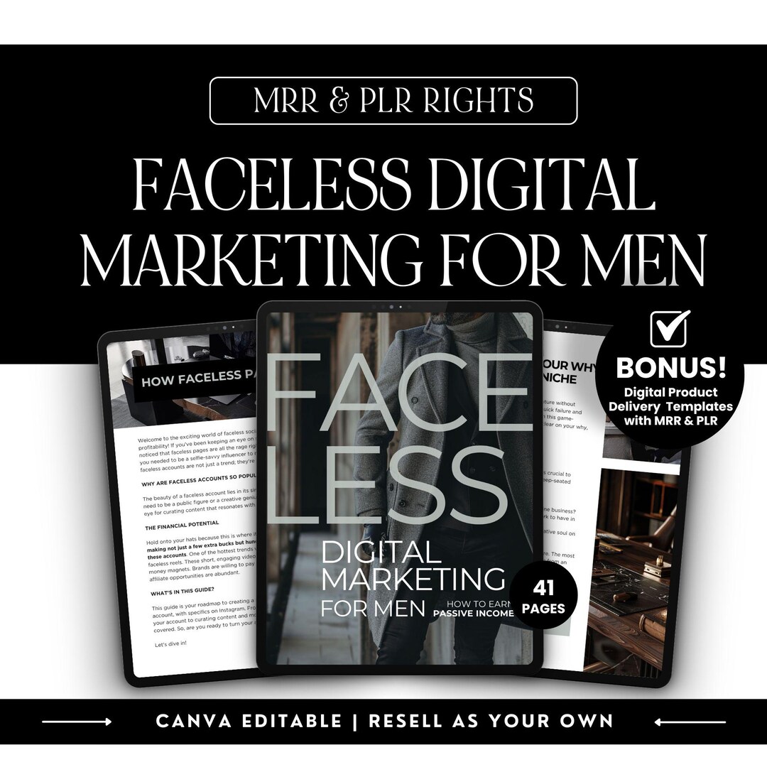 Faceless Digital Marketing Guide for Men: MRR PLR Canva Template (PDF ...