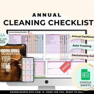 Puede incluir: Una lista de verificación de limpieza anual digital que se muestra en un monitor de computadora, tableta y teléfono inteligente. El texto incluye "Lista de verificación de limpieza anual", "Despeja tu casa" y "Google Sheets".