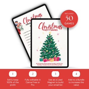 May include: Two digital tablets displaying Christmas-themed party games. One tablet shows a Christmas tree illustration, the other a list of carols. A red circle states "Includes 50 Games". The bottom banner highlights key features.