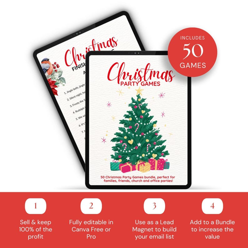 May include: Two digital tablets displaying Christmas-themed party games. One tablet shows a Christmas tree illustration, the other a list of carols. A red circle states "Includes 50 Games". The bottom banner highlights key features.