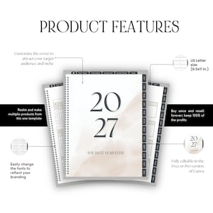 May include: A spiral-bound 2027 planner template with a beige watercolor background and the text '2027 THE BEST YEAR EVER'. The planner features monthly tabs, a US Letter size of 8.5x11 inches, and editable layouts for goal tracking and notes.