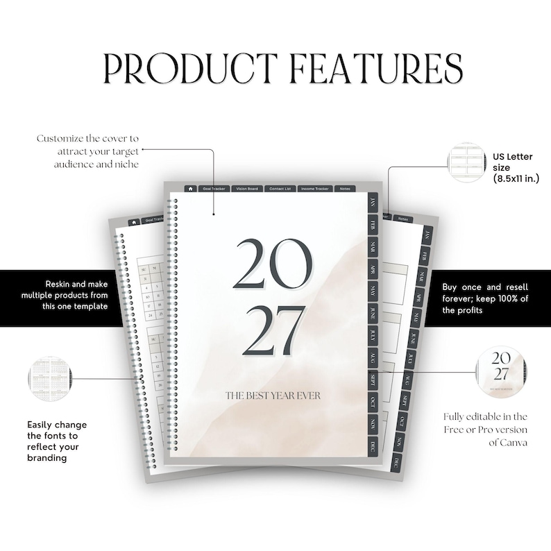 May include: A spiral-bound 2027 planner template with a beige watercolor background and the text '2027 THE BEST YEAR EVER'. The planner features monthly tabs, a US Letter size of 8.5x11 inches, and editable layouts for goal tracking and notes.
