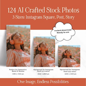 May include: An advertisement for 124 AI-crafted stock photos in three sizes: Instagram Square, Post, and Story. The image features a person wearing orange headphones, with eyes closed, in a field of flowers. Text includes "Instant download, Ready to use."
