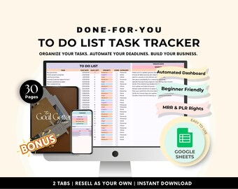 Google Sheets Task Tracker, Automated Productivity Planner (MRR/PLR)