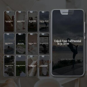 May include: A smartphone shows the text "Unlock Your Full Potential In 30 Seco". Surrounding it are smaller screens with motivational phrases such as "Transform Your Mindset With This". The image has a dark, moody aesthetic.