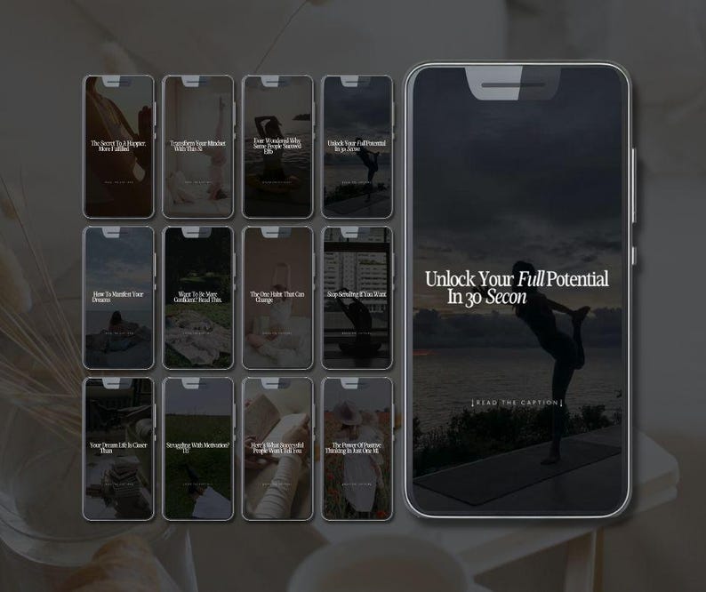 May include: A smartphone shows the text "Unlock Your Full Potential In 30 Seco". Surrounding it are smaller screens with motivational phrases such as "Transform Your Mindset With This". The image has a dark, moody aesthetic.
