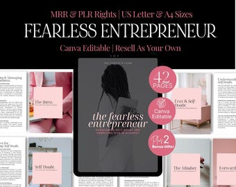 May include: A digital product titled "FEARLESS ENTREPRENEUR" with the text "MRR & PLR Rights | US Letter & A4 Sizes" and "Canva Editable | Resell As Your Own". The product includes 42 pages and 2 bonus gifts. The cover features a woman's silhouette.