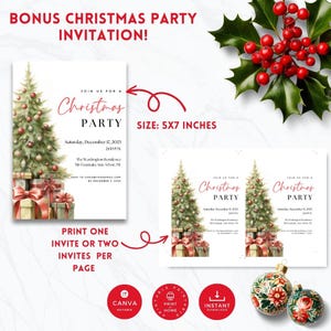 May include: Christmas party invitation with a decorated tree, gifts, and text. The invitation is 5x7 inches and includes event details. The design features red and green accents, with the words "Christmas Party" in a festive font.