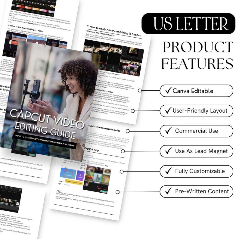 May include: A digital product guide for learning how to use the CapCut video editing app. The guide includes a checklist of features, such as Canva Editable, User-Friendly Layout, Commercial Use, Use As Lead Magnet, Fully Customizable, and Pre-Written Content.