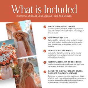 May include: An orange and white graphic with the text "What is Included" and details about editorial-style images, portrait ratio, high-resolution images, instant access, and digital product sellers.