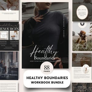 May include: A digital product bundle for setting healthy boundaries. The bundle includes an ebook and workbook with 88 pages. The cover features a woman in a black turtleneck and the text "Healthy Boundaries: How to Say No Without Feeling Guilty".