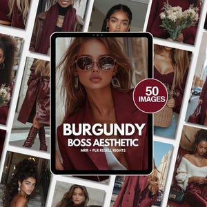 Op de afbeelding: Een digitale tablet toont de tekst "BURGUNDY BOSS AESTHETIC" met "50 IMAGES" in een cirkel. De afbeelding is een collage van vrouwen in bordeauxrode kleding en accessoires, zoals blazers, jassen en zonnebrillen.