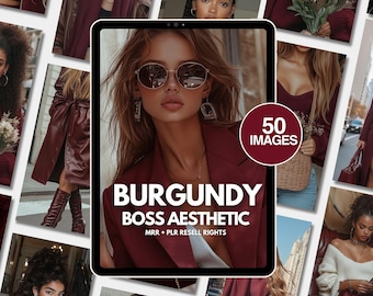 Puede incluir: Una tableta digital muestra el texto "BURGUNDY BOSS AESTHETIC" con "50 IMAGES" en un círculo. La imagen es un collage de mujeres con ropa y accesorios de color burdeos, como blazers, abrigos y gafas de sol.