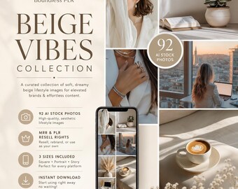 AI Stock Photos Bundle | 92 Beige Aesthetic Photos with PLR & MRR Rights | Neutral Content Creator Images | Instant Download