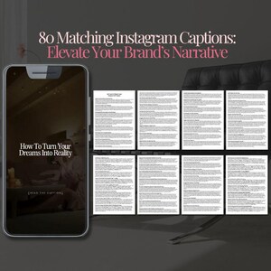 May include: A smartphone screen displays the text "How To Turn Your Dreams Into Reality". The image also shows eight sheets of paper with text, and the headline "80 Matching Instagram Captions: Elevate Your Brand's Narrative".