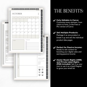 May include: A digital planner with a spiral binding, featuring a monthly calendar for October 2026, a to-do list, and note sections. The planner includes the text "THE BENEFITS:" and bullet points about Canva editing, selling products, passive income, and resell rights.