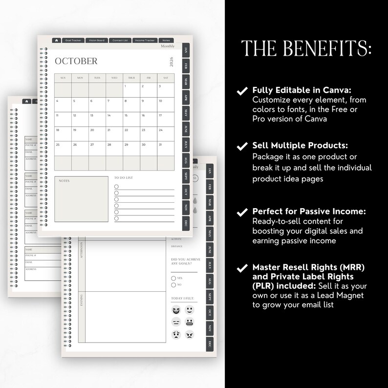 May include: A digital planner with a spiral binding, featuring a monthly calendar for October 2026, a to-do list, and note sections. The planner includes the text "THE BENEFITS:" and bullet points about Canva editing, selling products, passive income, and resell rights.