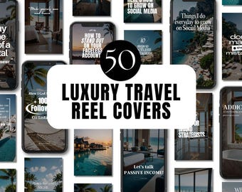 May include: A selection of 50 Luxury Travel Reel Covers, each displayed on a smartphone. The covers showcase luxury travel destinations, with text overlays such as "How to Grow on Social Media" and "Passive Income".