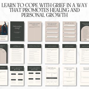 May include: A printable workbook with a beige background and black text. The workbook is titled "Learn to Cope with Grief in a Way That Promotes Healing and Personal Growth". The workbook includes sections on understanding grief, grief recovery timeline, grief recovery roadblocks, farewell, my dear, grief recovery assessment, my emotional support, letting go, coping healthily, positive memories, self-care while grieving, daily reflection, understanding my grief, and treasured memories.
