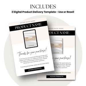 May include: Two digital product delivery templates are shown, with the text "INCLUDES" and "2 Digital Product Delivery Template - Use or Resell" at the top. The templates feature the text "PRODUCT NAME" and "CANVA CRASH COURSE". The phrase "Thanks for your purchase!" is also visible.