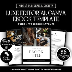 Puede incluir: Anuncio de una plantilla de libro electrónico. La imagen presenta tres tabletas que muestran diseños de libros electrónicos con el texto "LUXE EDITORIAL CANVA EBOOK TEMPLATE". El texto adicional incluye "MRR & PLR RESELL RIGHTS", "Guide + Workbook Layouts" y "86 Pages".
