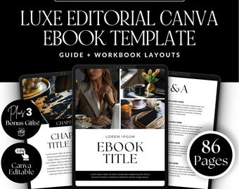Canva eBook Template, Editable Guide Workbook Template | Luxe Editorial Layouts | MRR + PLR Resell Rights | Bonus Black & Gold Stock Photos