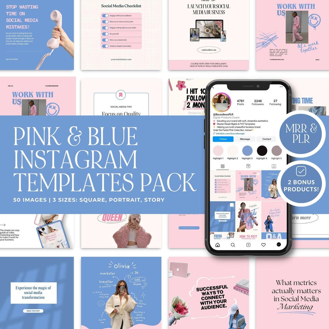 Canva Instagram Pink & Blue Templates for Canva, 50 Aesthetic Posts in ...