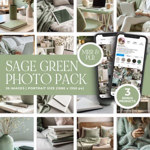 May include: A collage of sage green lifestyle images, including a laptop, notebooks, and decorative items. The text "SAGE GREEN PHOTO PACK" is displayed, along with "35 IMAGES | PORTRAIT SIZE (1080 x 1350 px)". The image also includes two smartphones.