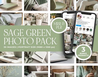 Sage Green Images, 35 AI Stock Photos, Work from Home, Self-Care Aesthetic, MRR + PLR Digital Products