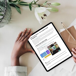 May include: A tablet displaying a guide on how to use the CapCut app. The guide is titled "How to Use CapCut - The Complete Guide for Beginners" and includes a section titled "1. How to Use CapCut App".