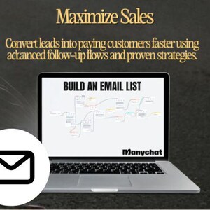 May include: A laptop computer screen displaying a flowchart titled "Build an Email List" with the text "Manychat" at the bottom. The laptop is on a dark surface with the text "Maximize Sales" and "Convert leads into paying customers faster using advanced follow-up flows and proven strategies." above the laptop.