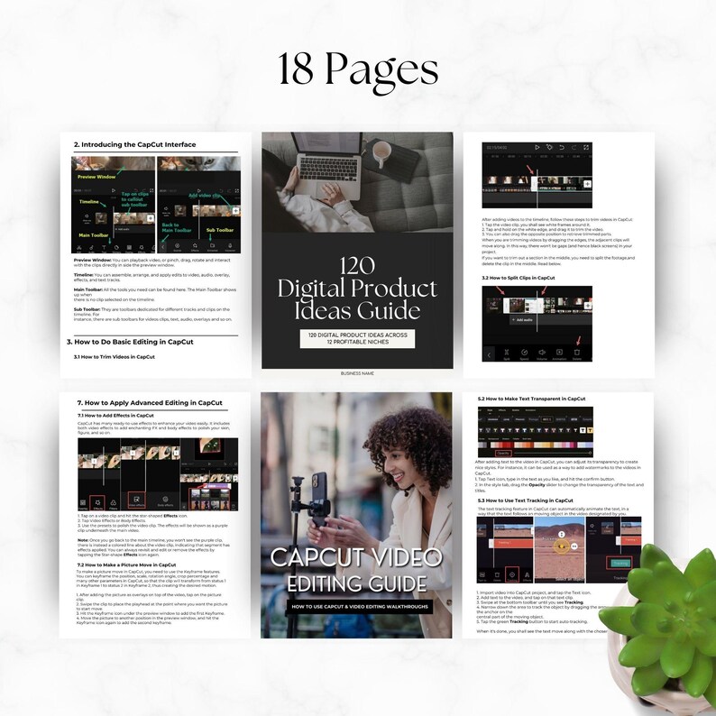 May include: A digital product guide with a cover image of a woman holding a phone and the text "120 Digital Product Ideas Guide" and "CapCut Video Editing Guide". The guide includes 18 pages of information on how to use CapCut for video editing.