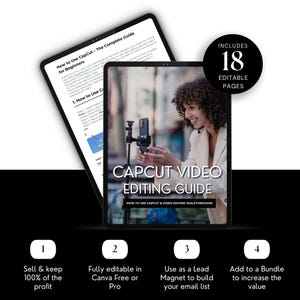 May include: A digital product cover featuring a woman holding a smartphone in front of a camera. The cover is for an 18-page guide on how to use CapCut video editing software. The text "CapCut Video Editing Guide" is in large, bold letters. The text "How to Use CapCut & Video Editing Walkthroughs" is in smaller letters below the title. The cover also includes four numbered steps for using the guide, including selling and keeping 100% of the profit, editing in Canva, using the guide as a lead magnet, and adding it to a bundle to increase value.
